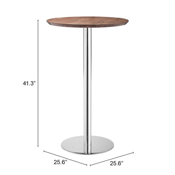 Homeroots 26" Brown And Silver Round Stainless Steel Pedestal Bar Table   396473