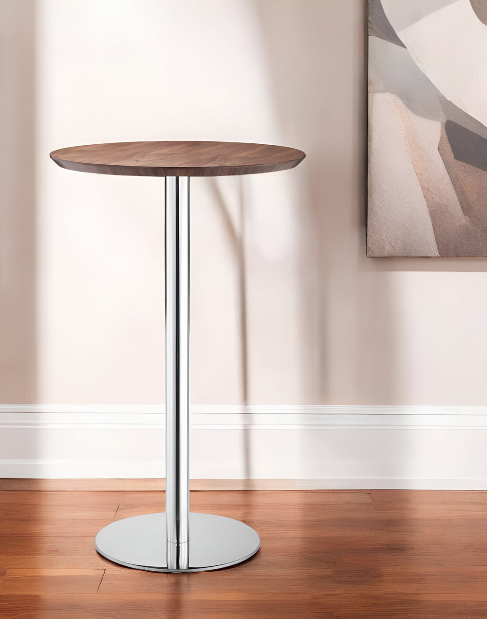 Homeroots 26" Brown And Silver Round Stainless Steel Pedestal Bar Table   396473