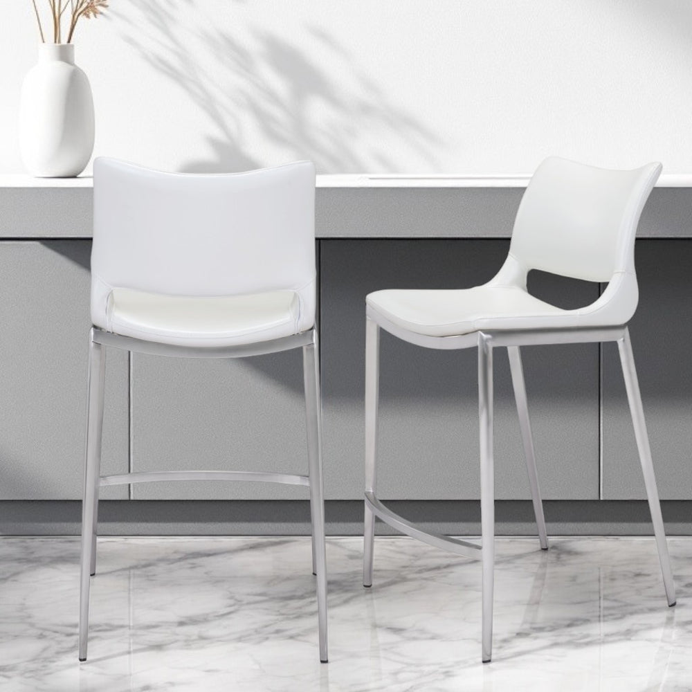 Homeroots Set Of Two 25" White And Silver Steel Low Back Counter Height Bar Chairs   396487