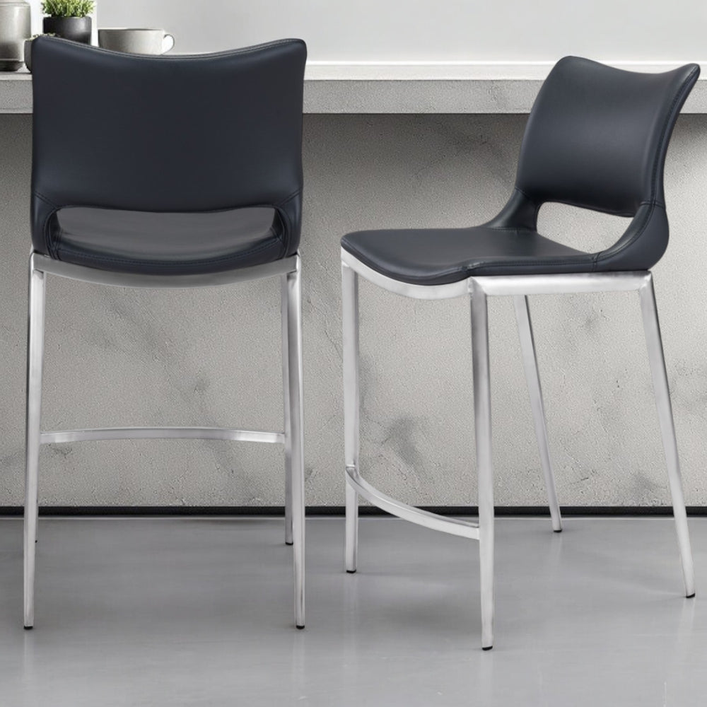 Homeroots Set Of Two 25" Black And Silver Steel Low Back Counter Height Bar Chairs   396488