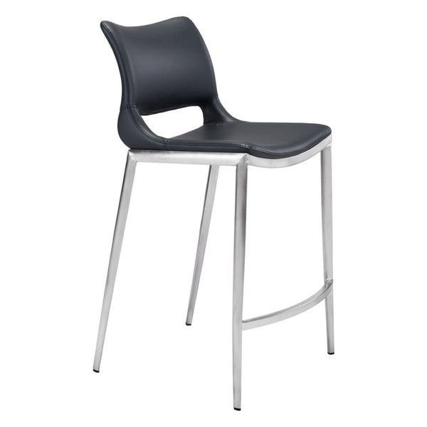HomeRoots Set of Two Modern 25" Black Faux Leather Bar Chairs with Silver Steel Frame for Stylish Comfort 396488