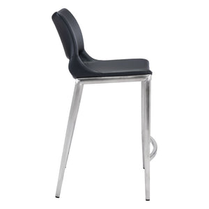 HomeRoots Set of Two Modern 25" Black Faux Leather Bar Chairs with Silver Steel Frame for Stylish Comfort 396488