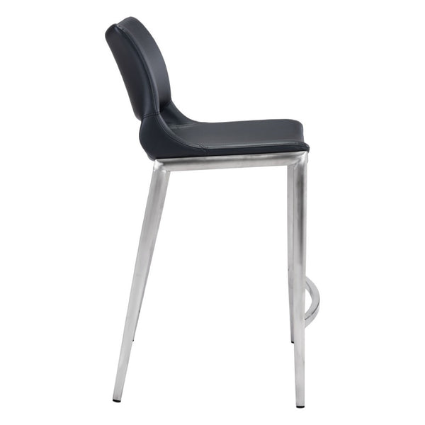 HomeRoots Set of Two Modern 25" Black Faux Leather Bar Chairs with Silver Steel Frame for Stylish Comfort 396488