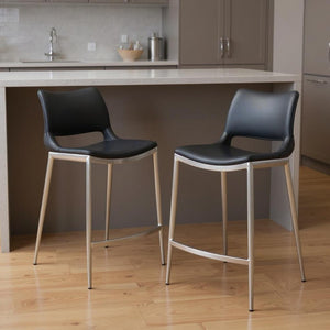 HomeRoots Set of Two Modern 25" Black Faux Leather Bar Chairs with Silver Steel Frame for Stylish Comfort 396488