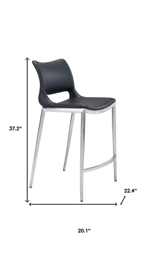 HomeRoots Set of Two Modern 25" Black Faux Leather Bar Chairs with Silver Steel Frame for Stylish Comfort 396488