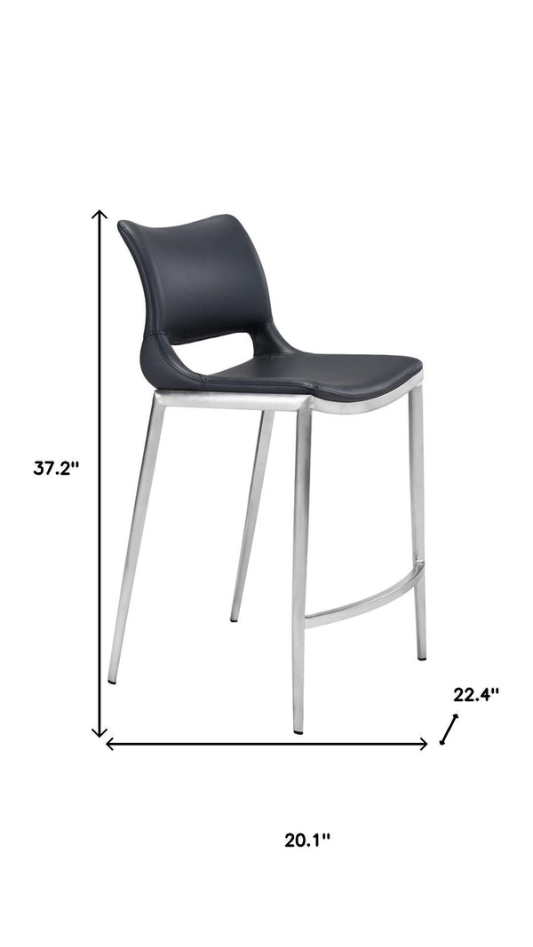 HomeRoots Set of Two Modern 25" Black Faux Leather Bar Chairs with Silver Steel Frame for Stylish Comfort 396488