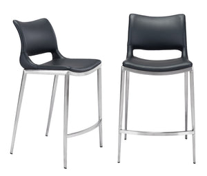 HomeRoots Set of Two Modern 25" Black Faux Leather Bar Chairs with Silver Steel Frame for Stylish Comfort 396488