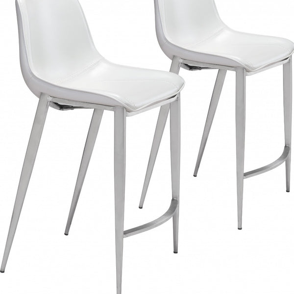 Homeroots Set Of Two 26" White And Silver Steel Low Back Counter Height Bar Chairs   396492