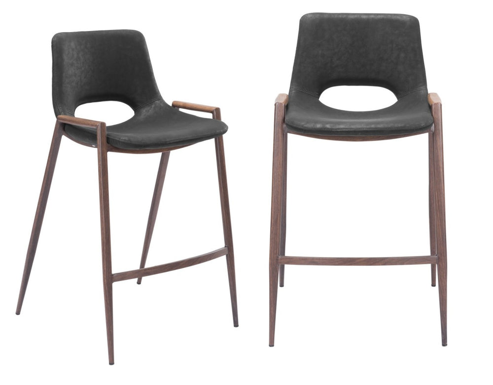 HomeRoots Set of Two Stylish 26" Black Faux Leather & Brown Steel Low Back Bar Chairs for Modern Spaces 396495