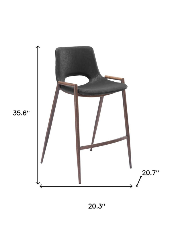HomeRoots Set of Two Stylish 26" Black Faux Leather & Brown Steel Low Back Bar Chairs for Modern Spaces 396495