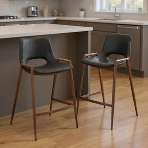 HomeRoots Set of Two Stylish 26" Black Faux Leather & Brown Steel Low Back Bar Chairs for Modern Spaces 396495