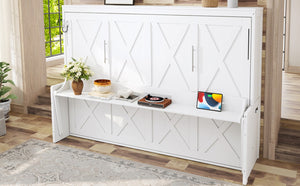 English Elm Queen Murphy Bed with Fold Down Desk Led Lighting and Usb Port for Home Office White W1580S00456
