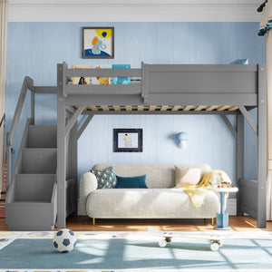 English Elm Twin Low Loft Bed Solid Pine Frame Kids Study Desk Blackboard Storage White Gray W1580S00467