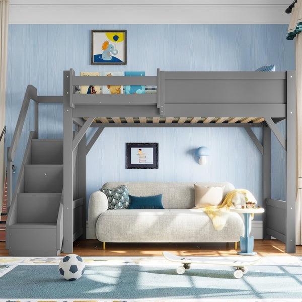English Elm Twin Low Loft Bed Solid Pine Frame Kids Study Desk Blackboard Storage White Gray W1580S00467