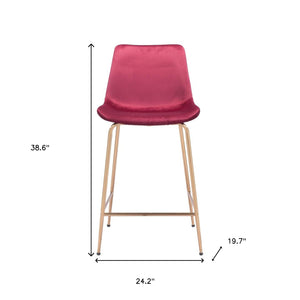 Homeroots 26" Red And Copper Velvet And Steel Low Back Counter Height Bar Chair   396528