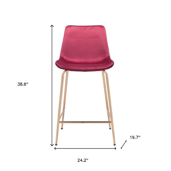 Homeroots 26" Red And Copper Velvet And Steel Low Back Counter Height Bar Chair   396528