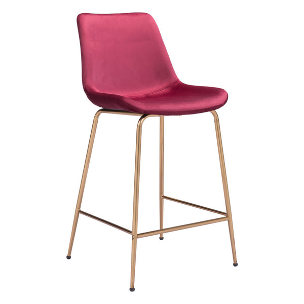 Homeroots 26" Red And Copper Velvet And Steel Low Back Counter Height Bar Chair   396528
