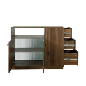 English Elm Kitchen Small Sideboard Countertop Organizer with Sliding Glass Doors, 3 Drawers & Display Shelf, Modern Storage Cabinet W331P289098