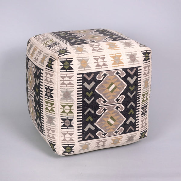 Homeroots 17" Ivory And Black Cotton Southwestern Pouf Ottoman - Chic Multi-functional Accent For Any Room   396570