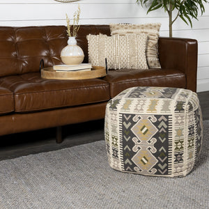 Homeroots 17" Ivory And Black Cotton Southwestern Pouf Ottoman - Chic Multi-functional Accent For Any Room   396570