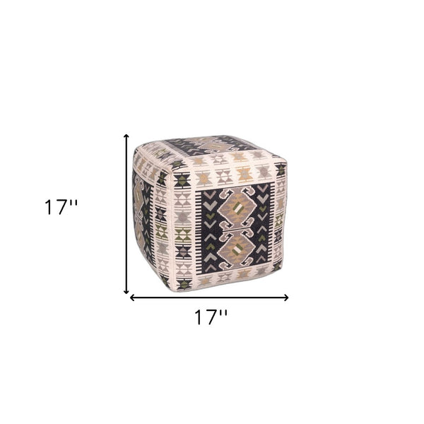 Homeroots 17" Ivory And Black Cotton Southwestern Pouf Ottoman - Chic Multi-functional Accent For Any Room   396570