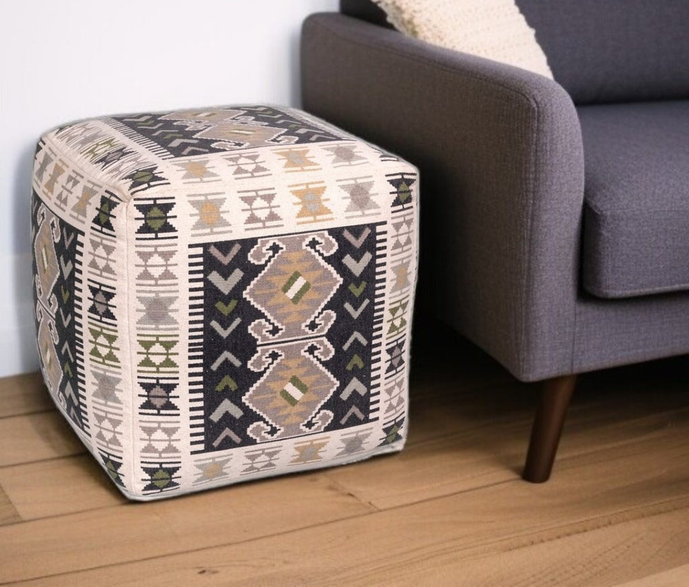 Homeroots 17" Ivory And Black Cotton Southwestern Pouf Ottoman - Chic Multi-functional Accent For Any Room   396570