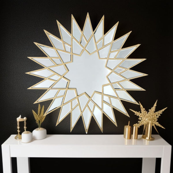 Homeroots 34" Gold Sunburst Metal Framed Accent Mirror  Glass 396590