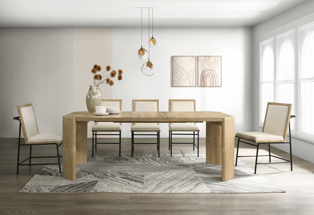 Alpine Furniture Sloane Extension Dining Table With 18" Pull-Out Leaf, Rounded Panel Legs, Warm Driftwood Finish Diftwood 3966-01