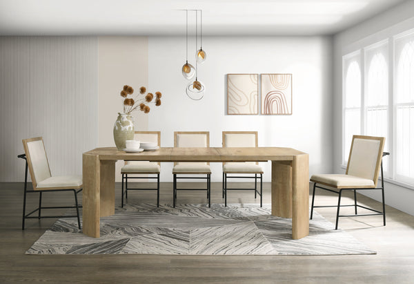 Alpine Furniture Sloane Extension Dining Table With 18" Pull-Out Leaf, Rounded Panel Legs, Warm Driftwood Finish Diftwood 3966-01