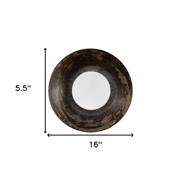 Homeroots 16" Dark Brown Reclaimed And Distressed Metal Round Bowl Accent Mirror  Glass ,Metal 396684