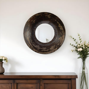 Homeroots 16" Dark Brown Reclaimed And Distressed Metal Round Bowl Accent Mirror  Glass ,Metal 396684