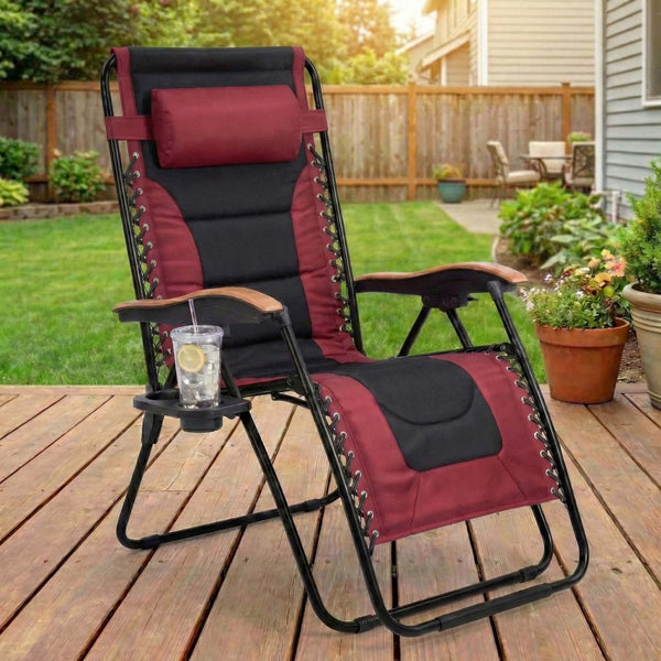 English Elm Oversized Zero Gravity Patio Recliner with Mesh Seat Wood Arms and Cup Holder W5159P445931