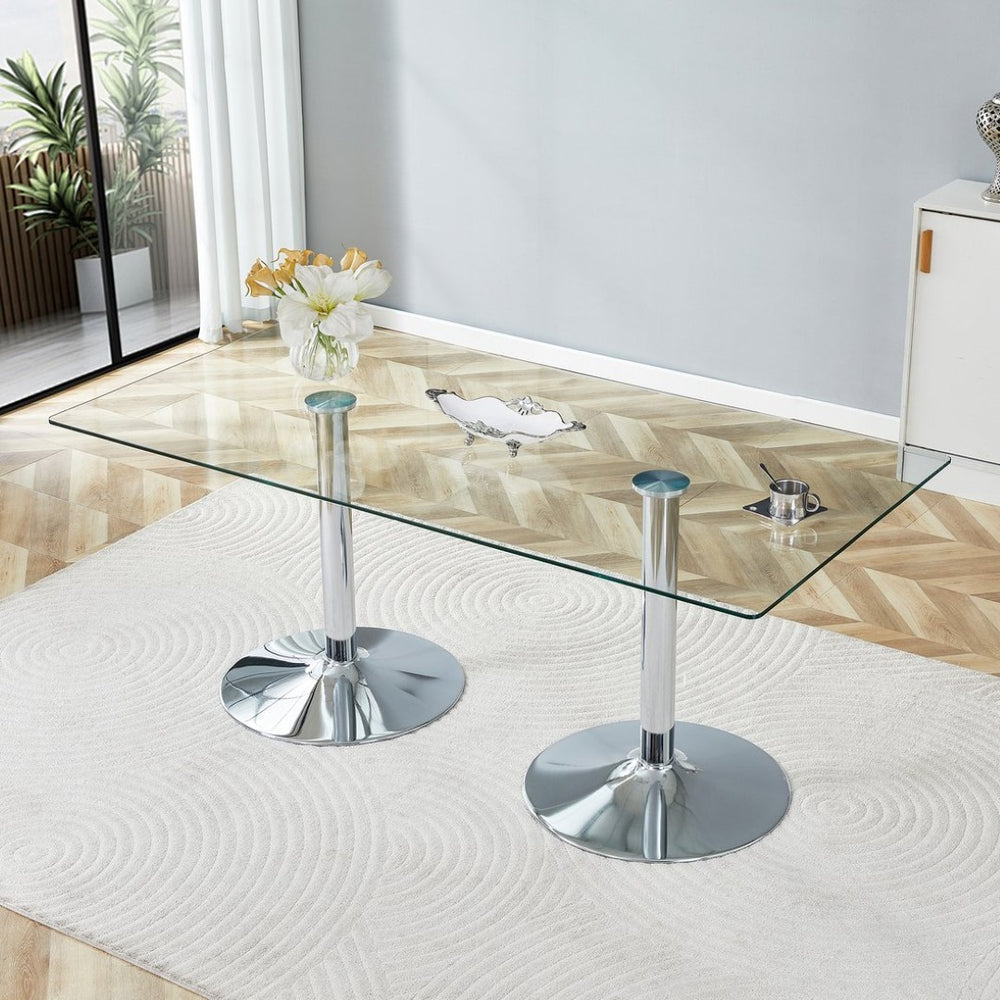 English Elm A Tempered Glass Rectangular Dining Table with Silver Metal Legs Seats Six W1151S04197
