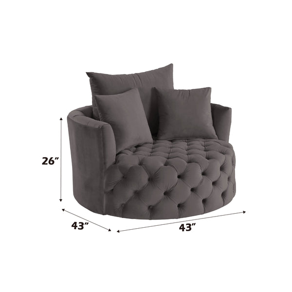 English Elm Zunyas Gray Velvet Swivel Accent Chair with Button Tufting, 360° Comfort, Wooden Frame & 3 Pillows B2726P256294
