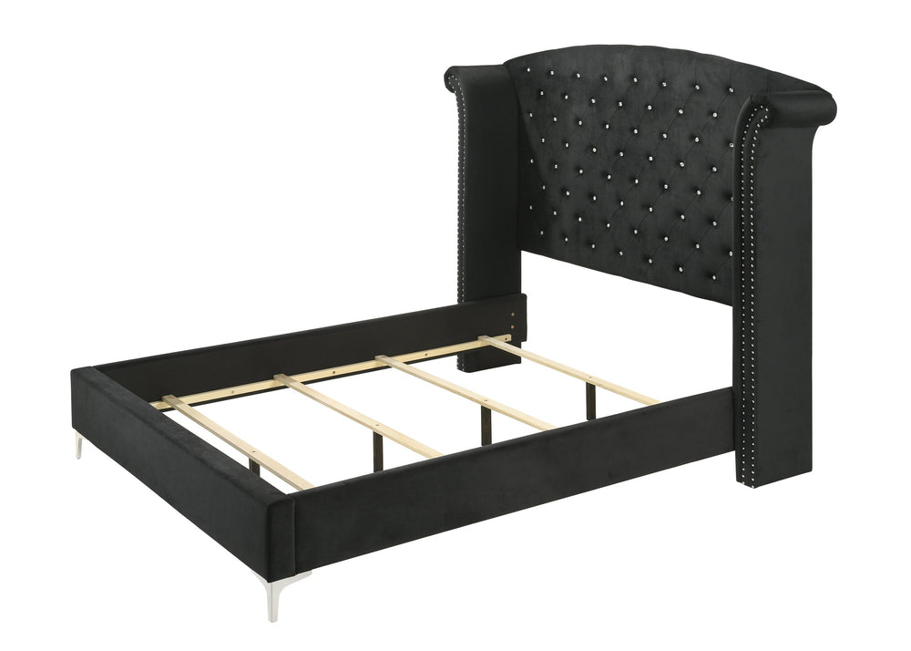 English Elm 1pc Glam Upholstered Queen Bed with Velvet Wingback Headboard, Diamond Tufting & Nailhead Trim Black 96.06 L x 43.9 W x 2.76 H B011S01662