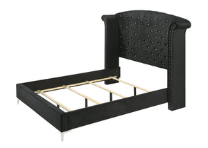 English Elm 1pc Glam Upholstered Queen Bed with Velvet Wingback Headboard, Diamond Tufting & Nailhead Trim Black 96.06 L x 43.9 W x 2.76 H B011S01662