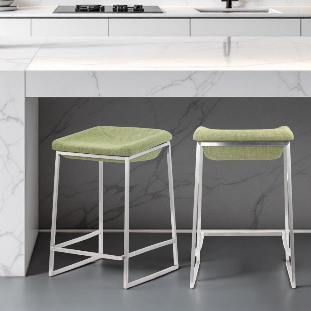 Homeroots Set Of Two 24" Green And Silver Steel Backless Counter Height Bar Chairs   396789