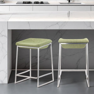 Homeroots Set Of Two 24" Green And Silver Steel Backless Counter Height Bar Chairs   396789