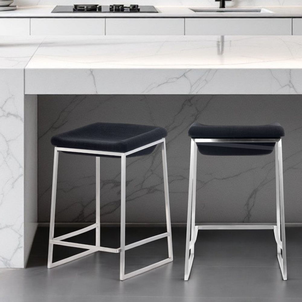 Homeroots Set Of Two 24" Black And Gray Stainless Steel Swivel Backless Counter Height Bar Chairs   396790