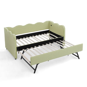 English Elm Cozy Twin Gingham Daybed with Trundle Sofa Bed, Linen Upholstery, USB Port, Wave Frame Design Green W1413S00100
