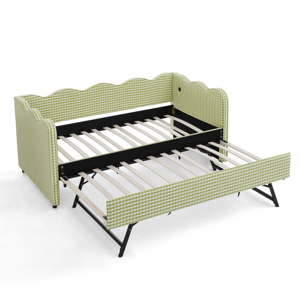 English Elm Cozy Twin Gingham Daybed with Trundle Sofa Bed, Linen Upholstery, USB Port, Wave Frame Design Green W1413S00100