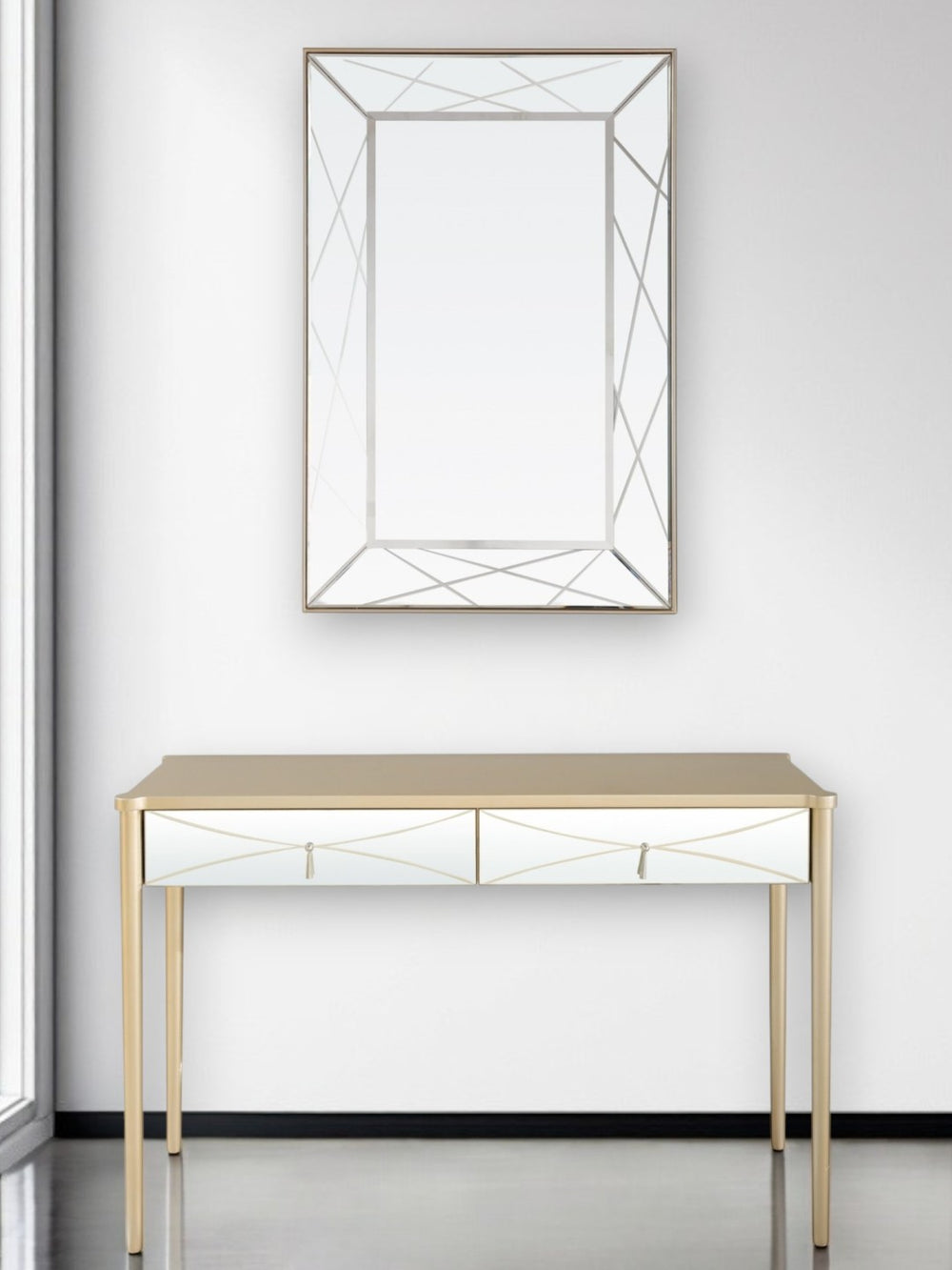 HomeRoots 48" Champagne & Silver Mirrored Console Table with Two Drawers - Modern Glam for Any Space 396817