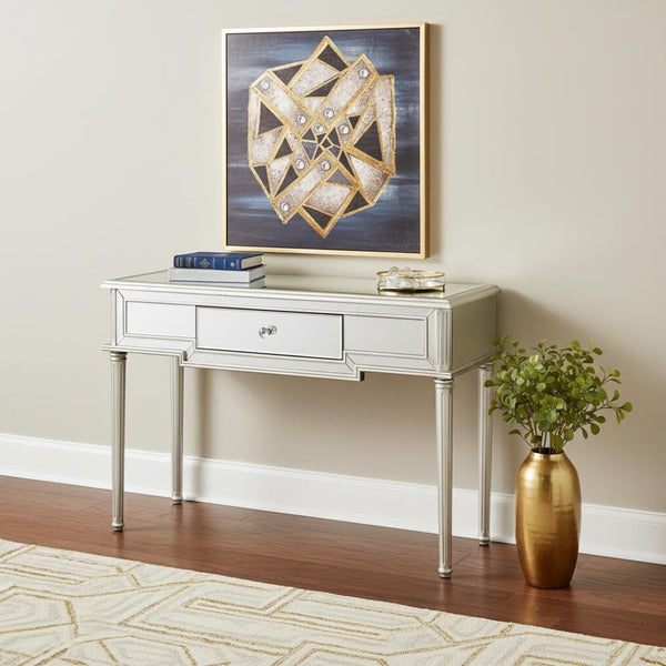 HomeRoots Silver Leaf Antiqued Console Table - Elegant Mirrored Design with Leaf Motif for Timeless Style 396822