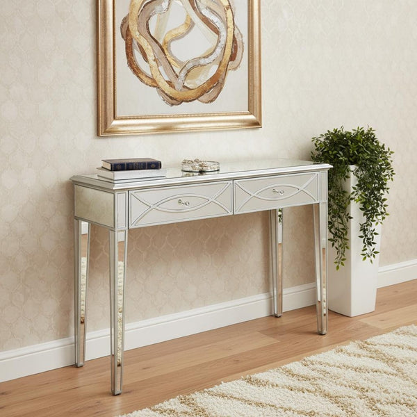 HomeRoots Silver Glass Mirror Console Table - Elegant Storage Solution for Hallways, Living Rooms & Bedrooms 396824