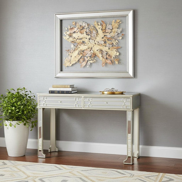 HomeRoots Regal Glamour Console Table – Champagne Mirrored Finish, Geometric Drawers & Elegant Tapered Legs 396828