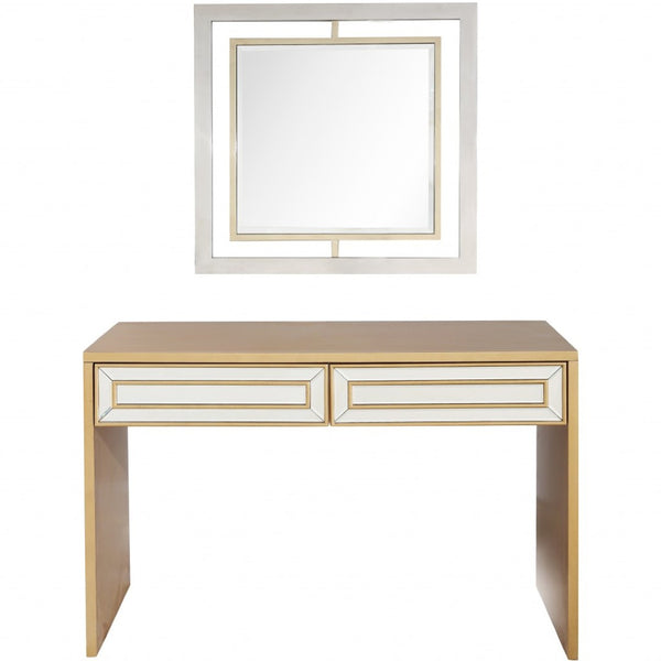 HomeRoots 48" Gold and Silver Mirrored Console Table with Drawers – Elegant Wood Design for Home or Office Decor 396841