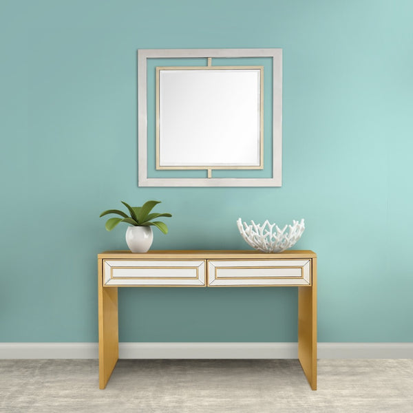 HomeRoots 48" Gold and Silver Mirrored Console Table with Drawers – Elegant Wood Design for Home or Office Decor 396841