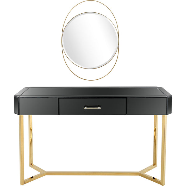 Homeroots 47" Black And Gold Mirrored Glass Frame Console Table And Drawers   396854