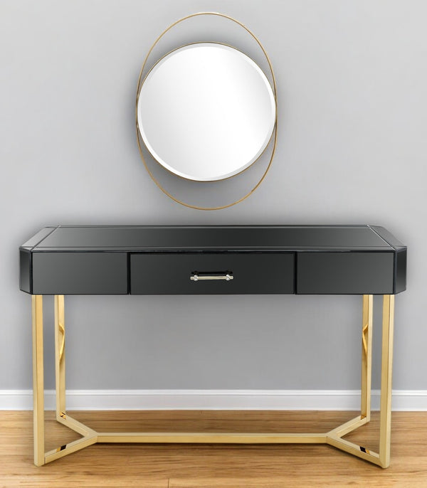 Homeroots 47" Black And Gold Mirrored Glass Frame Console Table And Drawers   396854