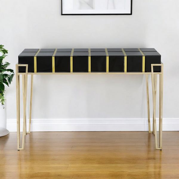 Homeroots 47" Black And Gold Mirrored Glass Console Table   396855